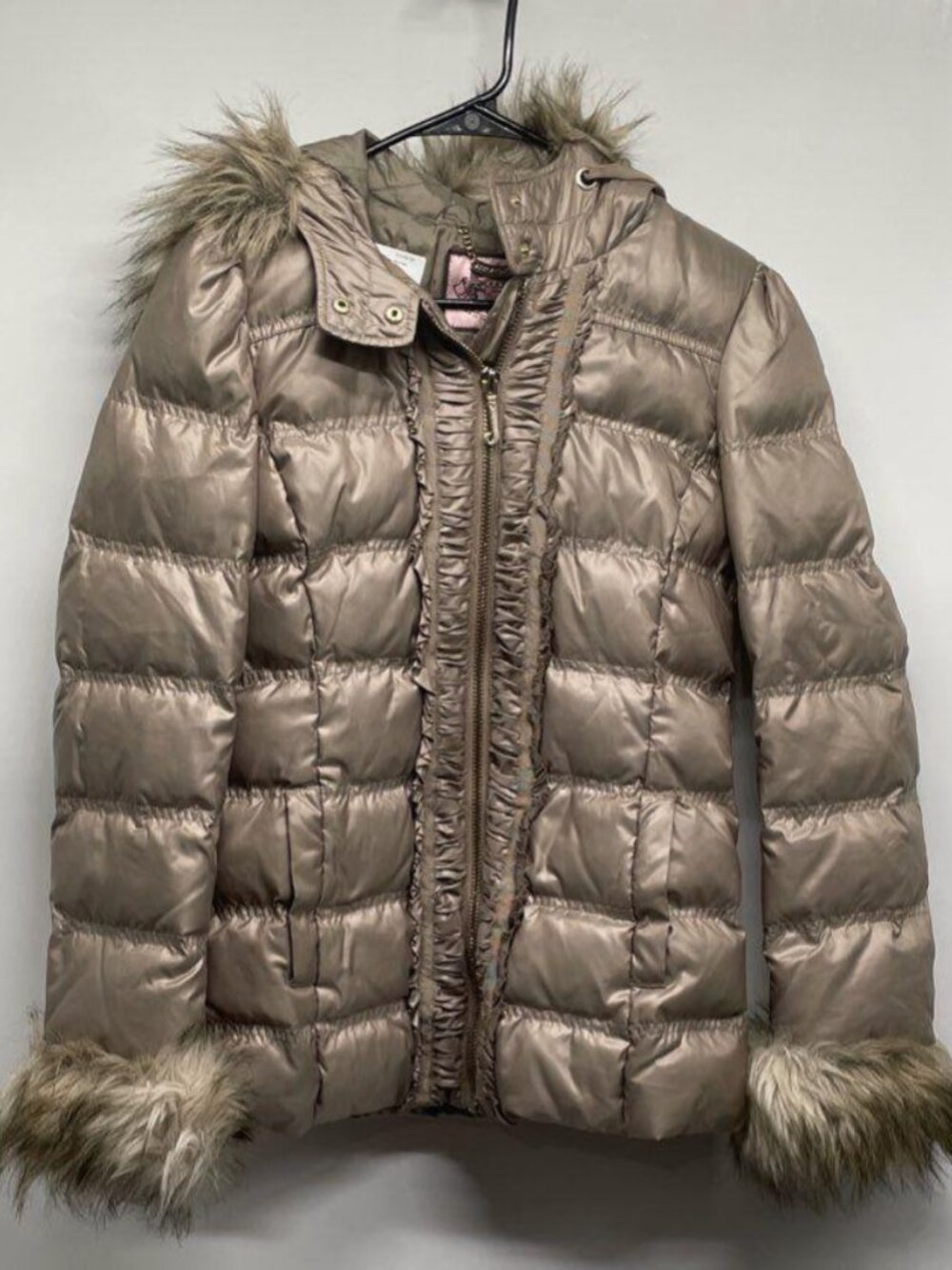 Vintage Juicy Couture Ruffle Metallic Puffer Jacket S Fur Hood Love P&G 2000s